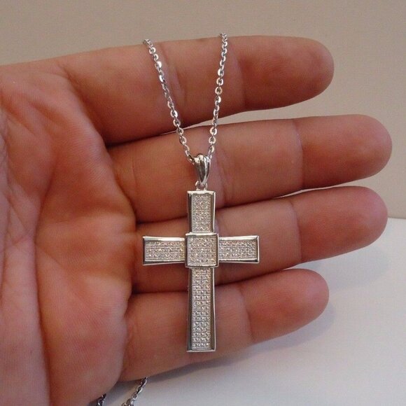 925 STERLING SILVER MICRO PAVE CROSS NECKLACE PENDANT W/ 2 CT LAB DIAMONDS - Picture 3 of 8
